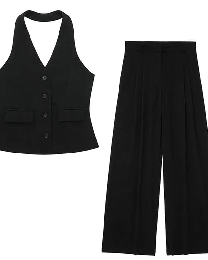 Chic Office Suit - Elegant Halter Vest & Trousers