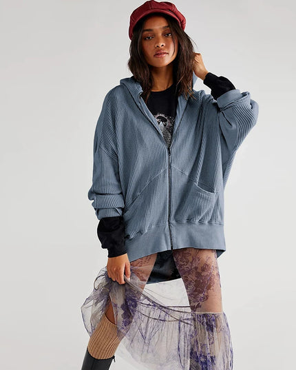 Oversize Sweatshirt Waffle Casual Zipper Up Hoodie Long Sleeve Streetwear Harajuku Pullovers Aesthetic Clothing Female