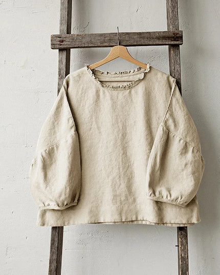 Retro Linen Women T-Shirt Casual Loose O-Neck Ruffles Long Sleeve Tees Spring Autumn Basic Tops Shirts Mujer Camisetas