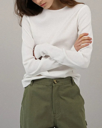 Cotton Round Neck Long-Sleeved White T-Shirt Women's Spring New Threaded Harajuku Chic Basic Tees Casual Female Tops