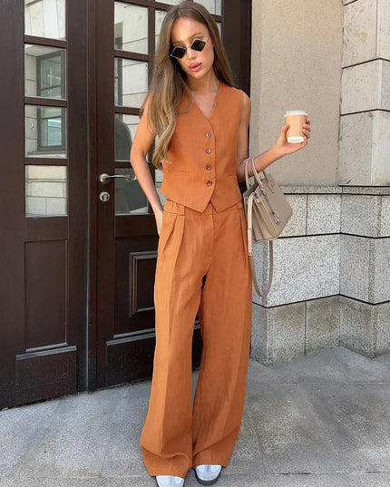Bronladies Womem Linen Cotton Chic Vest ＆ Pants Suit Two-Piece Set Office Ladies Summer Chic 2 Piece Sets Womens Outfits