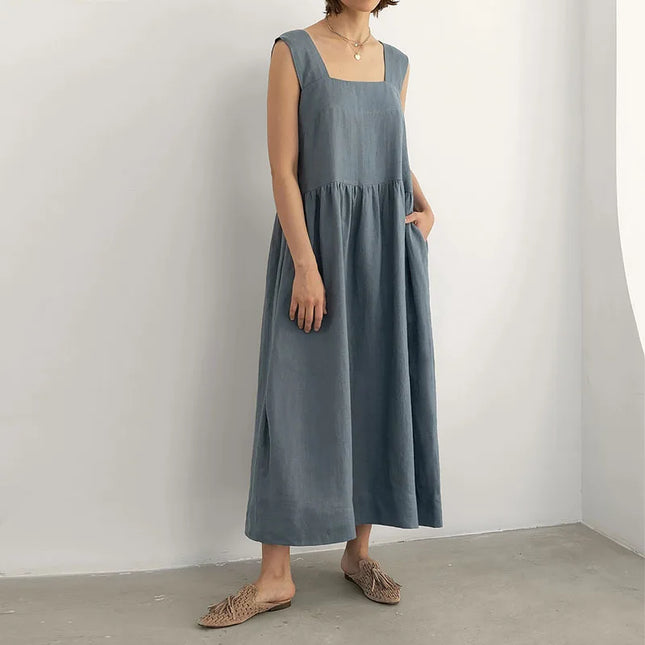 Summer Vintage Square Collar Sleeveless Maxi Dress Women's Cotton Linen French Style Long Birthday Dresses vestidos de mujer
