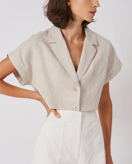 100% Linen Women'S Shirt Vintage Notched Collar Short Sleeve Button Up Shirts Elegant Fashion Woman Blouses 2025 Blusas Feminina