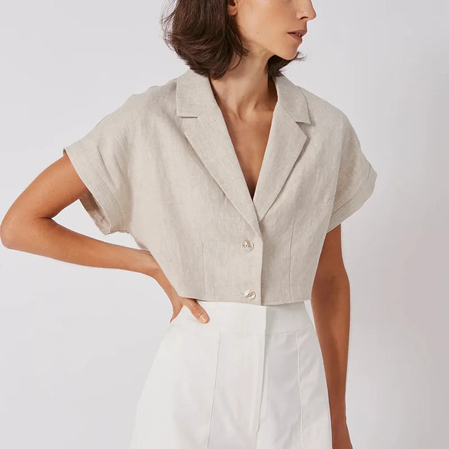 100% Linen Women'S Shirt Vintage Notched Collar Short Sleeve Button Up Shirts Elegant Fashion Woman Blouses 2025 Blusas Feminina