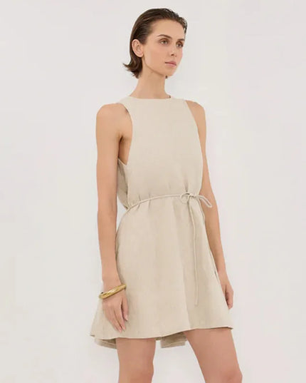 100% Linen Lace-up Elegant Women's Short Dresses New Summer Sleeveless Loose Beach Vacation A-line Mini Dress Boho Dresses