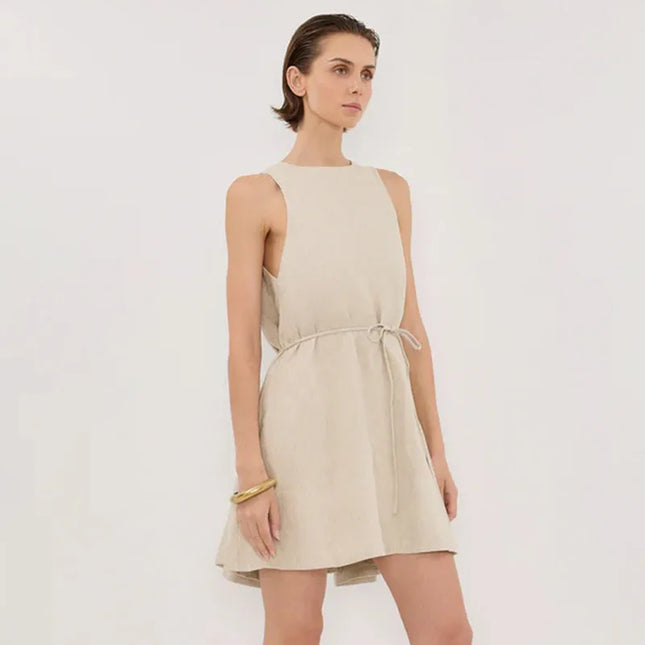 100% Linen Lace-up Elegant Women's Short Dresses New Summer Sleeveless Loose Beach Vacation A-line Mini Dress Boho Dresses