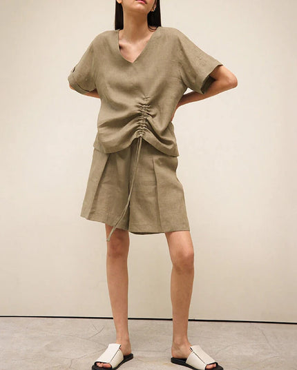 100% Linen Women'S T-Shirt Sexy V-Nevk Short Sleeve Top Drawstring Summer Streetwear Tees Female Clothing Ropa Aesthetic