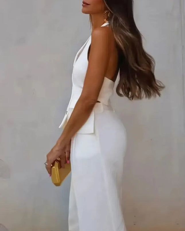 Chic Office Suit - Elegant Halter Vest & Trousers
