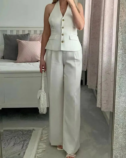 Chic Office Suit - Elegant Halter Vest & Trousers