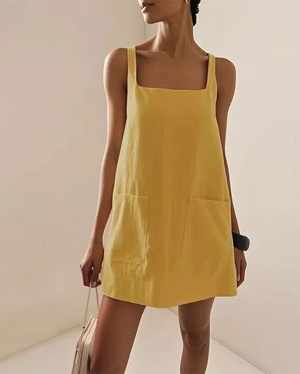 Summer Women's Linen Mini Dress 2025 New Chic Square Neck Sleeveless Loose Cotton Linen Straps Dresses With Pockets Vestidos