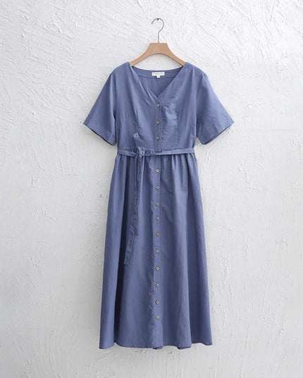 Retro Cotton Linen Women Dress Elegant V-Neck Short Sleeve Button Up Solid Streetwear Long Maxi Party Dress With Pocket And Belt