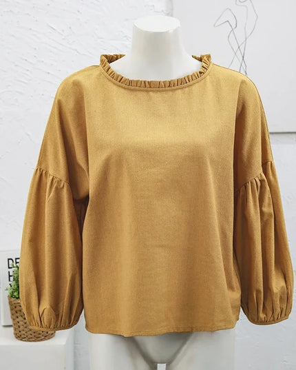 Retro Linen Women T-Shirt Casual Loose O-Neck Ruffles Long Sleeve Tees Spring Autumn Basic Tops Shirts Mujer Camisetas