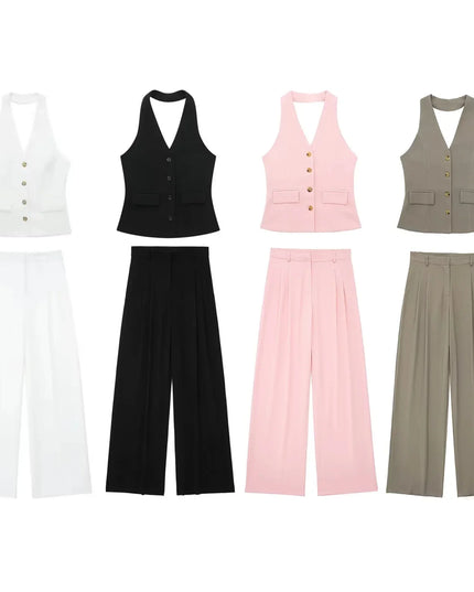 Chic Office Suit - Elegant Halter Vest & Trousers
