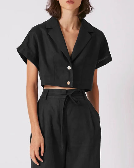 100% Linen Women'S Shirt Vintage Notched Collar Short Sleeve Button Up Shirts Elegant Fashion Woman Blouses 2025 Blusas Feminina