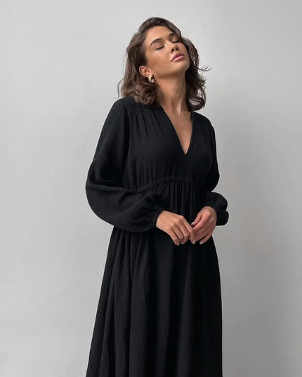 Elegant Sexy V-Neck Double-Layer Crepe Women's Dress 2024 Autumn New 100% Cotton Loose Long-Sleeved Ruched Party Dresses