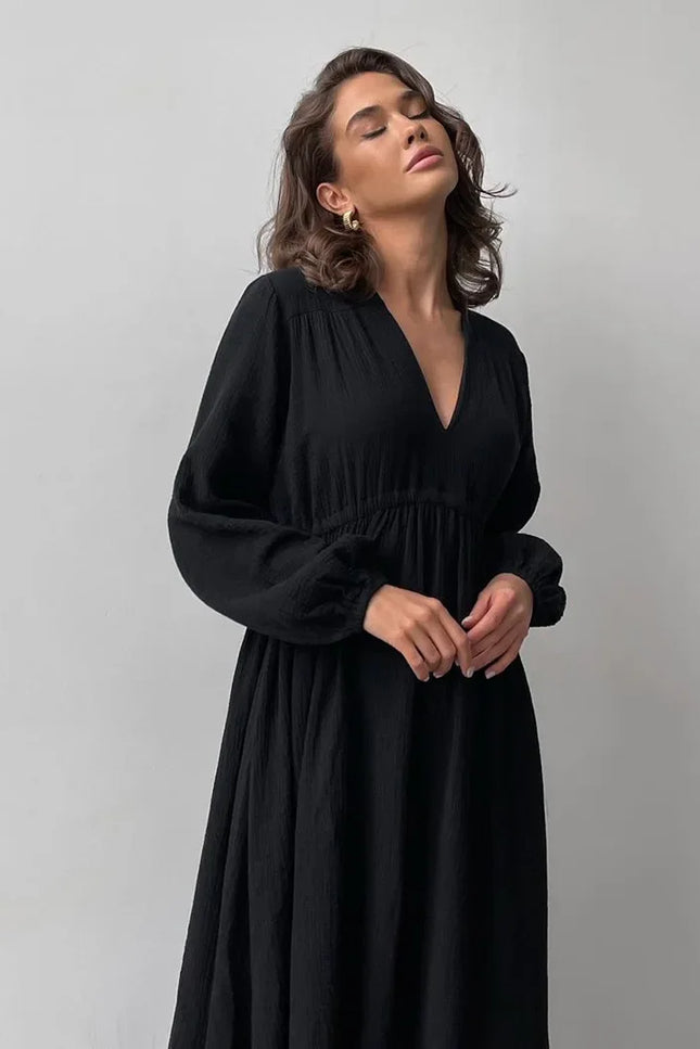 Elegant Sexy V-Neck Double-Layer Crepe Women's Dress 2024 Autumn New 100% Cotton Loose Long-Sleeved Ruched Party Dresses