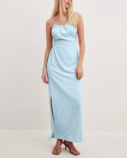 Women's Sexy Backless Cotton Linen Straps Dress Chic Tie Split Casual Vacation Beach Party Long Summer Dresses vestidos largos