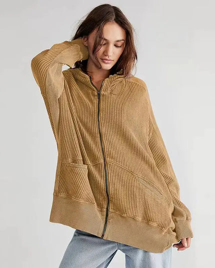Oversize Sweatshirt Waffle Casual Zipper Up Hoodie Long Sleeve Streetwear Harajuku Pullovers Aesthetic Clothing Female
