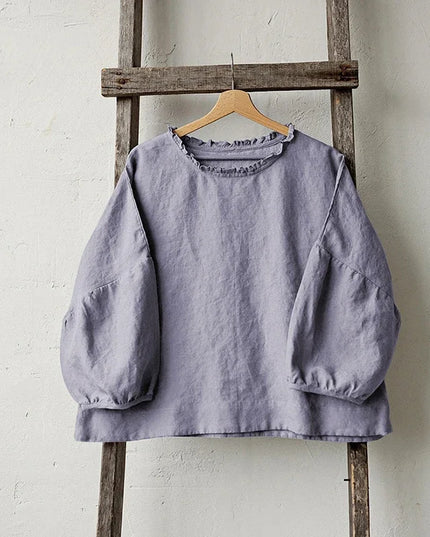 Retro Linen Women T-Shirt Casual Loose O-Neck Ruffles Long Sleeve Tees Spring Autumn Basic Tops Shirts Mujer Camisetas