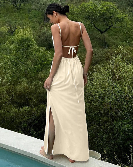 Women's Sexy Backless Cotton Linen Straps Dress Chic Tie Split Casual Vacation Beach Party Long Summer Dresses vestidos largos