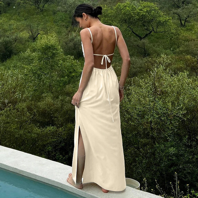 Women's Sexy Backless Cotton Linen Straps Dress Chic Tie Split Casual Vacation Beach Party Long Summer Dresses vestidos largos