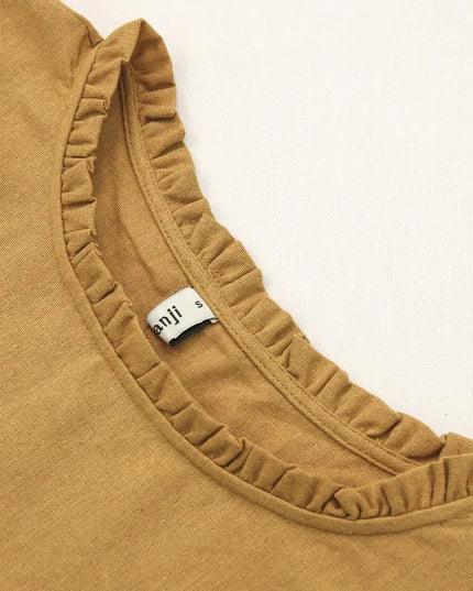 Retro Linen Women T-Shirt Casual Loose O-Neck Ruffles Long Sleeve Tees Spring Autumn Basic Tops Shirts Mujer Camisetas
