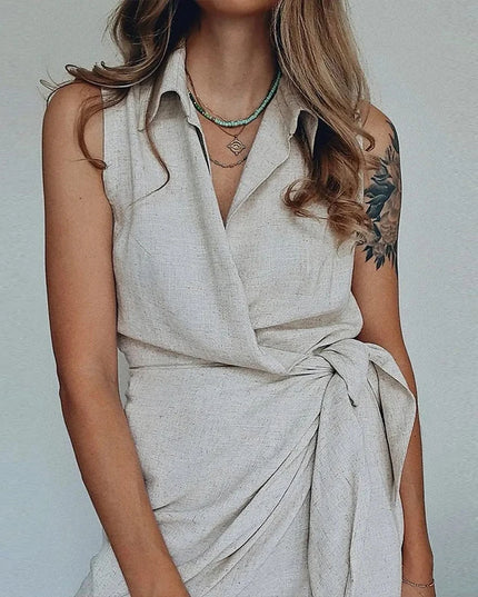 Retro Cotton Linen Sleeveless Shirt Dress for Women Chic Irregular Tie Summer Casual Office Ladies Linen Mini Dresses Vestidos