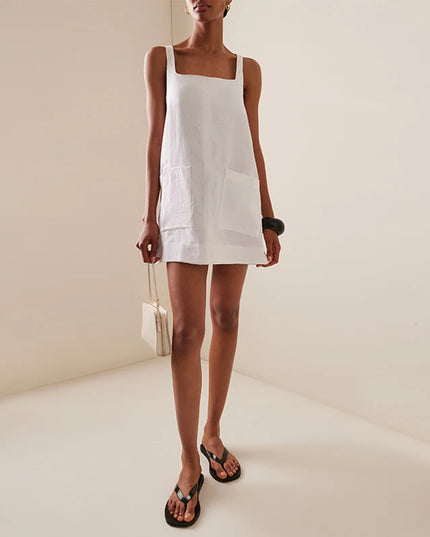 Summer Women's Linen Mini Dress 2025 New Chic Square Neck Sleeveless Loose Cotton Linen Straps Dresses With Pockets Vestidos