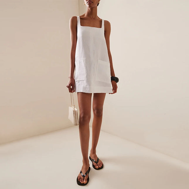 Summer Women's Linen Mini Dress 2025 New Chic Square Neck Sleeveless Loose Cotton Linen Straps Dresses With Pockets Vestidos