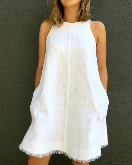 100% Linen Tassel Raw Edge Sleeveless White Dress Women's 2025 Summer Loose Casual Back Split Button A-Line Short Dresses