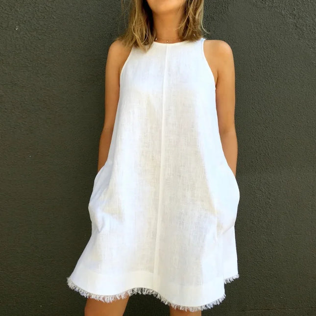 100% Linen Tassel Raw Edge Sleeveless White Dress Women's 2025 Summer Loose Casual Back Split Button A-Line Short Dresses