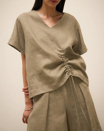 100% Linen Women'S T-Shirt Sexy V-Nevk Short Sleeve Top Drawstring Summer Streetwear Tees Female Clothing Ropa Aesthetic