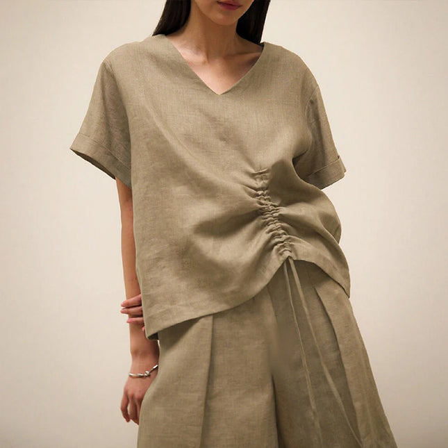 100% Linen Women'S T-Shirt Sexy V-Nevk Short Sleeve Top Drawstring Summer Streetwear Tees Female Clothing Ropa Aesthetic