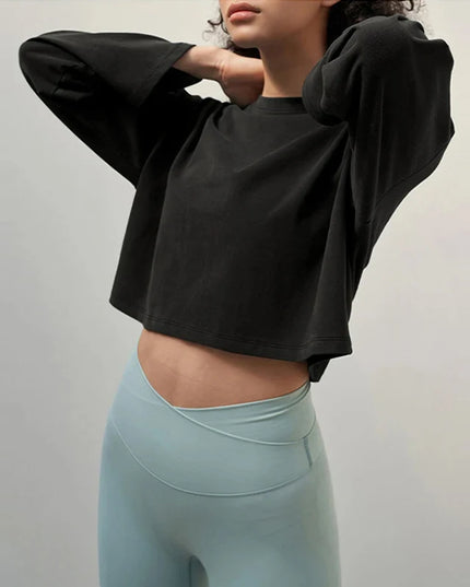 100% Cotton Casual Sports Long-Sleeved T-Shirt Women's Solid Color New Spring Summer Loose Gym Running Short Tops