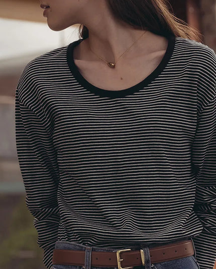 Women's Korean Loose Striped Long-Sleeved T-Shirt Autumn New Casual Tops Female Clothes Round-Neck Pullover Shirts