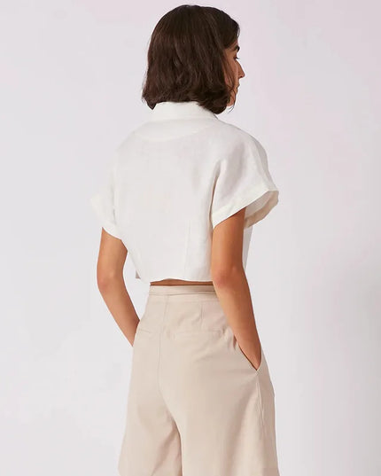 100% Linen Women'S Shirt Vintage Notched Collar Short Sleeve Button Up Shirts Elegant Fashion Woman Blouses 2025 Blusas Feminina
