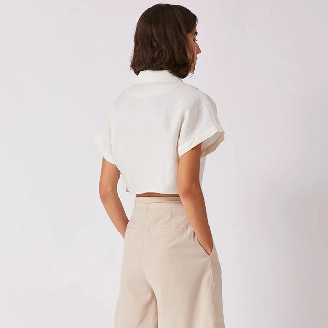 100% Linen Women'S Shirt Vintage Notched Collar Short Sleeve Button Up Shirts Elegant Fashion Woman Blouses 2025 Blusas Feminina