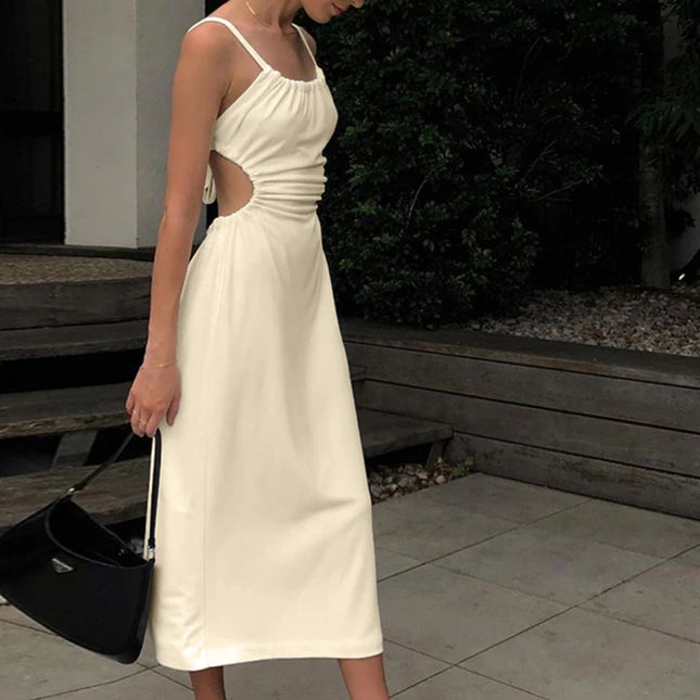 Women's Sexy Backless Cotton Linen Straps Dress Chic Tie Split Casual Vacation Beach Party Long Summer Dresses vestidos largos