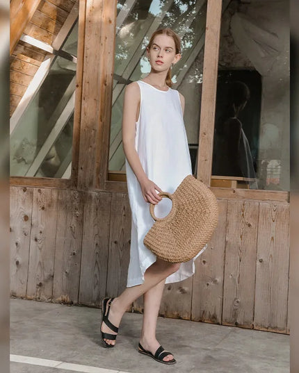 100% Linen Summer Vest Dress Women's 2025 Spring New Asymmetric Hem Chic Sleeveless Linen Dresses Female Vestidos