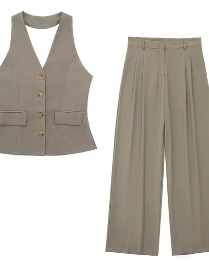 Chic Office Suit - Elegant Halter Vest & Trousers