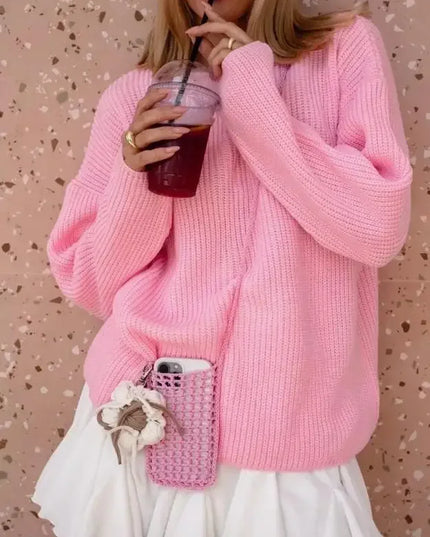 Women's Basic Solid Color Round Neck Sweater 2025 Autumn New Casual Loose Chic Knit Pullover Sweaters Pull Femme