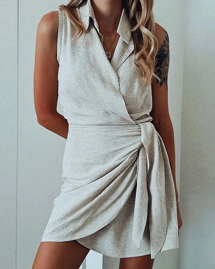 Retro Cotton Linen Sleeveless Shirt Dress for Women Chic Irregular Tie Summer Casual Office Ladies Linen Mini Dresses Vestidos