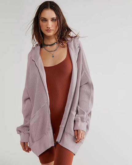 Oversize Sweatshirt Waffle Casual Zipper Up Hoodie Long Sleeve Streetwear Harajuku Pullovers Aesthetic Clothing Female