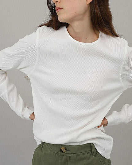 Cotton Round Neck Long-Sleeved White T-Shirt Women's Spring New Threaded Harajuku Chic Basic Tees Casual Female Tops