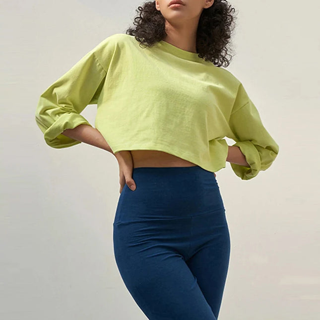 100% Cotton Casual Sports Long-Sleeved T-Shirt Women's Solid Color New Spring Summer Loose Gym Running Short Tops