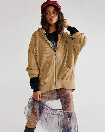 Oversize Sweatshirt Waffle Casual Zipper Up Hoodie Long Sleeve Streetwear Harajuku Pullovers Aesthetic Clothing Female