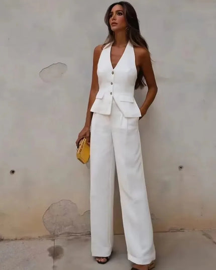 Chic Office Suit - Elegant Halter Vest & Trousers