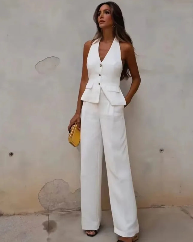 Chic Office Suit - Elegant Halter Vest & Trousers