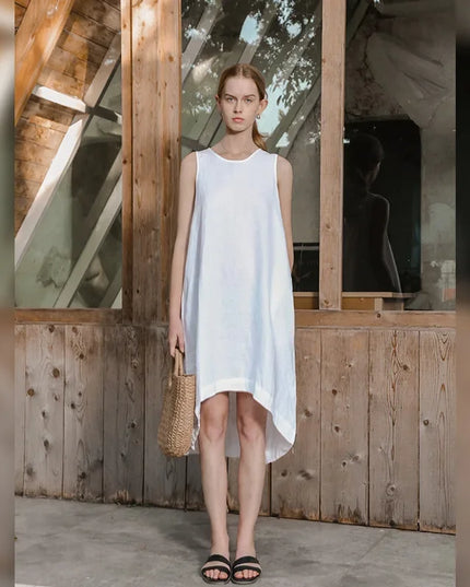 100% Linen Summer Vest Dress Women's 2025 Spring New Asymmetric Hem Chic Sleeveless Linen Dresses Female Vestidos