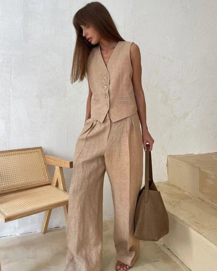 Bronladies Womem Linen Cotton Chic Vest ＆ Pants Suit Two-Piece Set Office Ladies Summer Chic 2 Piece Sets Womens Outfits